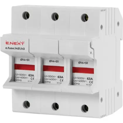 Держатель предохранителя E.Next e.fuse.1451.h3 на DIN-рейку 14х51 3р 63А (i0300006) Держатель предохранителя E.Next e.fuse.1451.h3 на DIN-рейку 14х51 3р 63А (i0300006)