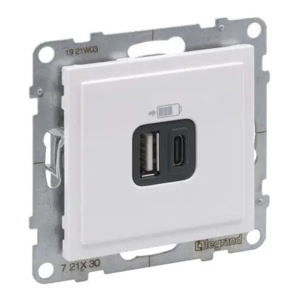 Розетка USB тип А+C 12Вт+15Вт 5В Legrand SUNO (белый) 721130 Розетка USB тип А+C 12Вт+15Вт 5В Legrand SUNO (белый) 721130