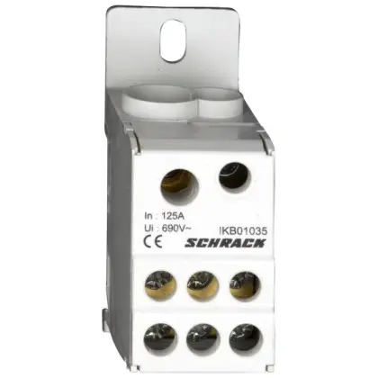 Блок ответвительных клемм главной электрической линии Schrack IKB01035 125А 1P (вход 1×35мм² выходы 6×16мм²) Блок ответвительных клемм главной электрической линии Schrack IKB01035 125А 1P (вход 1×35мм² выходы 6×16мм²)
