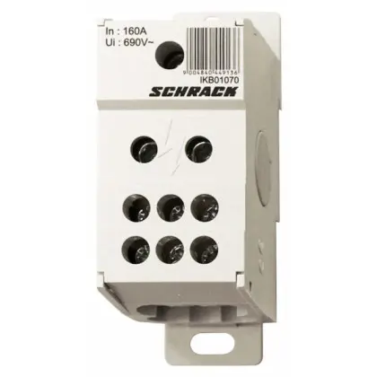 Блок ответвительных клемм главной электрической линии Schrack IKB01070 160А 1P (вход 1×70мм² выходы 6×16мм²) Блок ответвительных клемм главной электрической линии Schrack IKB01070 160А 1P (вход 1×70мм² выходы 6×16мм²)