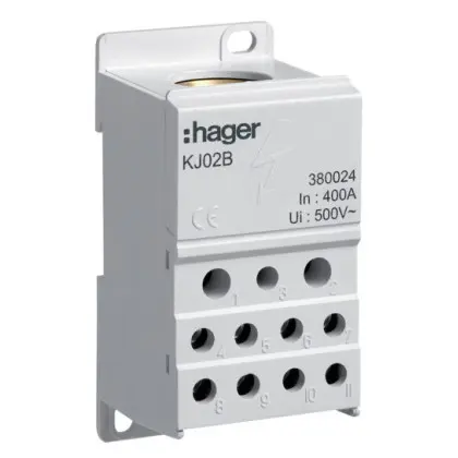 Блок разветвительный Hager 400A (вход 1х150мм2; выход 2х25х16мм2+4х10мм2) Блок разветвительный Hager 400A (вход 1х150мм2; выход 2х25х16мм2+4х10мм2)