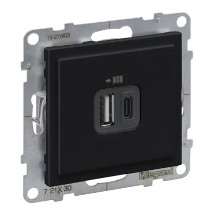 Розетка USB тип А+C 12Вт+15Вт 5В Legrand SUNO (чорний) 721430 Розетка USB тип А+C 12Вт+15Вт 5В Legrand SUNO (чорний) 721430