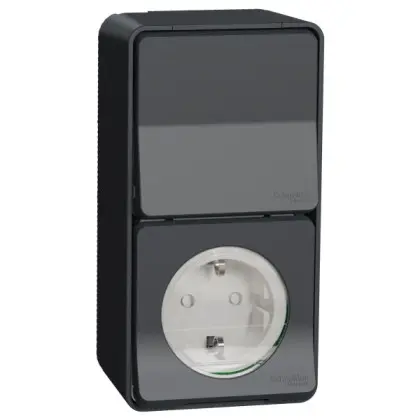 Накладний блок вимикач+розетка Schneider Electric MUR36024 із з/к IP55 (чорний) Накладний блок вимикач+розетка Schneider Electric MUR36024 із з/к IP55 (чорний)