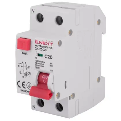 Выключатель дифференциального тока E.Next e.rcbo.stand.2.C20.30 1P+N 20А С 30мА (s034104) Выключатель дифференциального тока E.Next e.rcbo.stand.2.C20.30 1P+N 20А С 30мА (s034104)