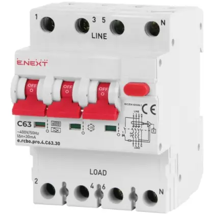Выключатель дифференциального тока E.Next e.rcbo.pro.4.C63.30 3P+N 63А С тип А 30мА (p0720020) Выключатель дифференциального тока E.Next e.rcbo.pro.4.C63.30 3P+N 63А С тип А 30мА (p0720020)