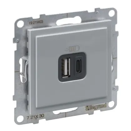 Розетка USB тип А+C 12Вт+15Вт 5В Legrand SUNO (алюминий) 721330 Розетка USB тип А+C 12Вт+15Вт 5В Legrand SUNO (алюминий) 721330