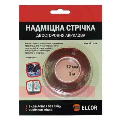 Двостороння прозора стрічка Elcor 40206799 TRA123 на акриловій основі 12мм (3м) Двостороння прозора стрічка Elcor 40206799 TRA123 на акриловій основі 12мм (3м)