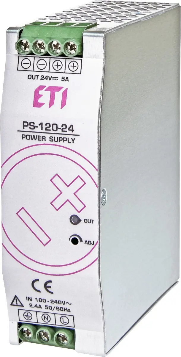Джерело живлення ETI 004656682 PS-120-24 (Вхід: 100-240V AC/140-340V DC; Вихід: 24-28V DC/120W/5A)