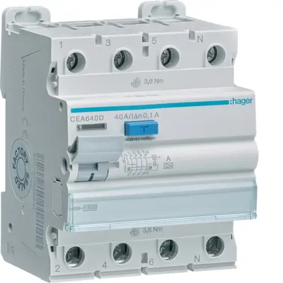 УЗО Hager CEA640D 4P 10кА 40A 100мА A УЗО Hager CEA640D 4P 10кА 40A 100мА A