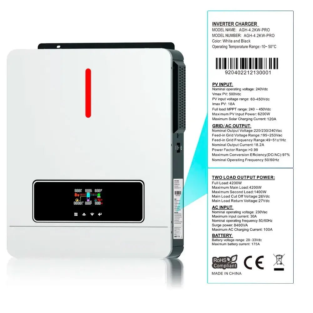 Гібридний інвертор Daxtromn AGH-4.2KW, 24 В, 120 А, 4200 Вт (безперебійник, UPS, ДБЖ) - фото №3