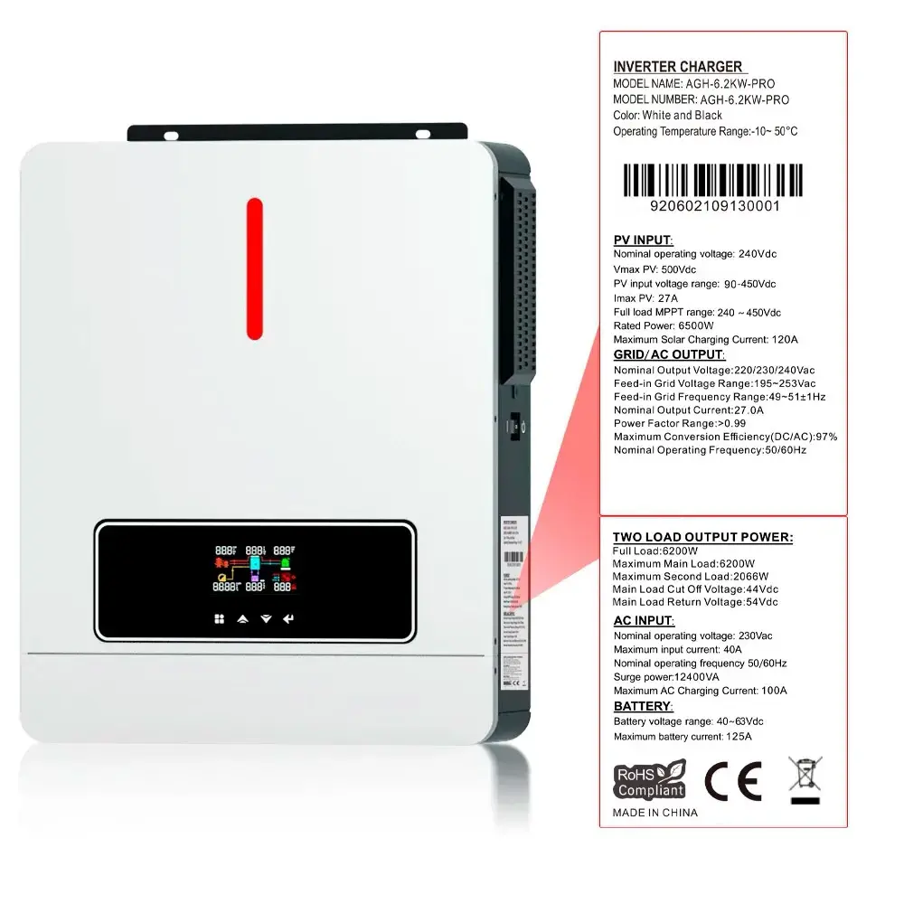 Гібридний інвертор Daxtromn AGH-6.2KW, 48 В, 120 А, 6200 Вт (безперебійник, UPS, ДБЖ) - фото №3