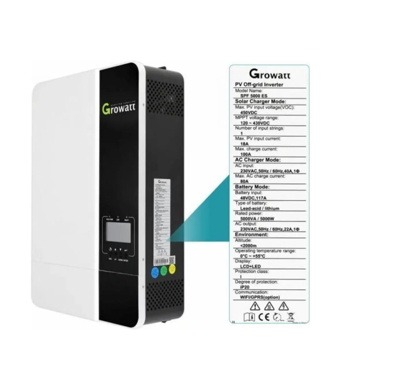 Комплект резервного живлення ДБЖ/UPS Growatt SPF3500ES + акумулятор Growatt ARK 2.5L-A1 LiFePO4, 2000 Вт, 2560 Вт/год, літій-залізо-фосфатний акумулятор - фото №6