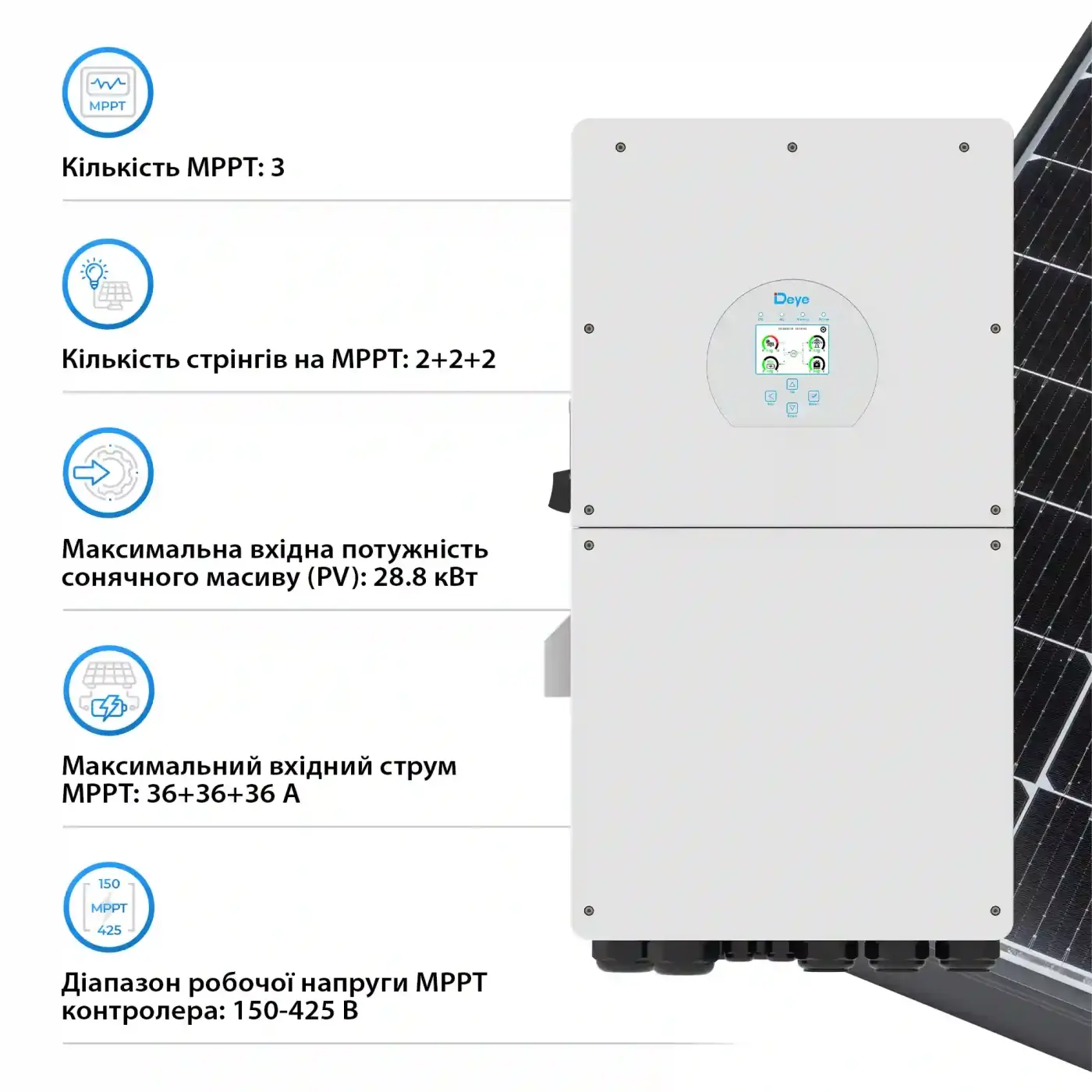 Гібридний інвертор Deye SUN-18K-SG01LP1-EU-AM3-P 18kW 48V 3 MPPT Wi-Fi 220V Однофазний - фото №3
