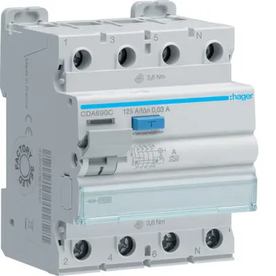УЗО Hager CDA690C 4P 10кА 125A 30мА A