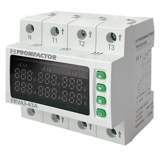 Трехфазное реле контроля напряжения и тока Promfactor FRVA3-63A