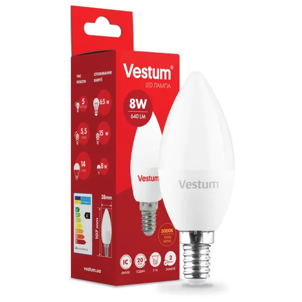 Світлодіодна лампа Vestum 1-VS-1312 C37 8Вт 3000K E14 - фото №1