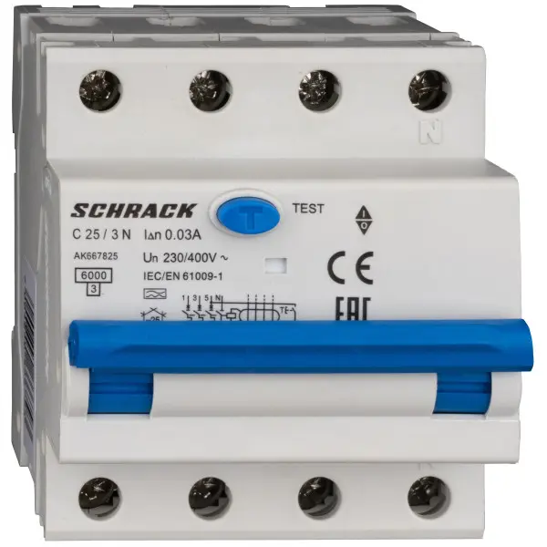 АВДТ Schrack AK667825 6кА 25А 30мА 3P+N х-ка C Тип A АВДТ Schrack AK667825 6кА 25А 30мА 3P+N х-ка C Тип A