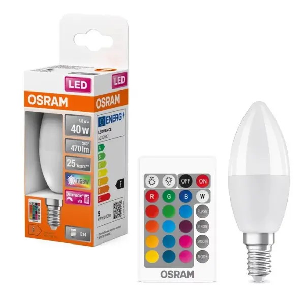 Світлодіодна лампа Osram LED CL B40 REM 5,5Вт/827 FR E14 4х1 з пультом - фото №2