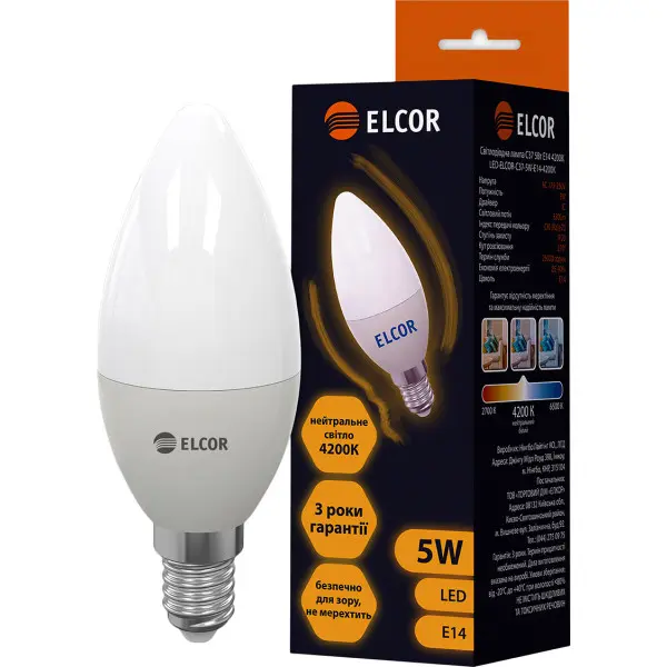 Світлодіодна LED лампа ELCOR 534300 Е14 C37 5Вт 4200К - фото №1
