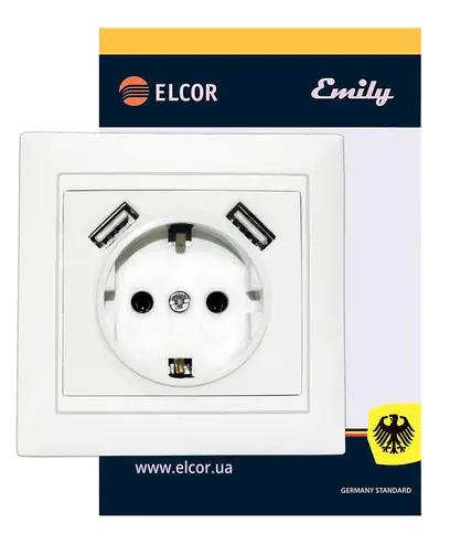 Розетка Elcor Emily 9215 (211594) с заземлением с 2 USB (белый) - фото №1 Розетка Elcor Emily 9215 (211594) с заземлением с 2 USB (белый) - фото №1