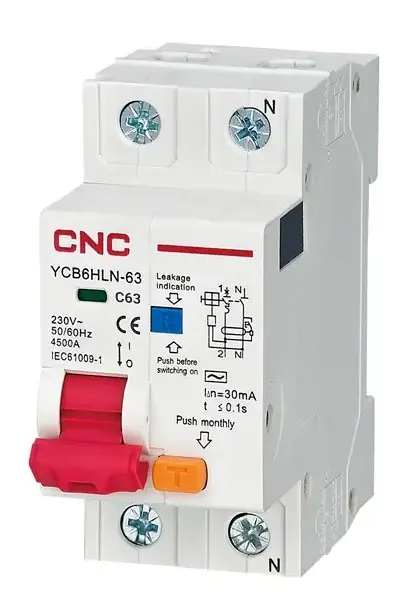 Дифференциальный выключатель CNC YCB6HLN-63 16А 1Р+N 4,5кА 30мА (Б00035326)