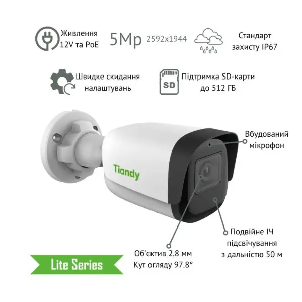 IP-камера Tiandy TC-C35WS Bullet 2.8mm f/1.6 PoE IP67 - фото №2 IP-камера Tiandy TC-C35WS Bullet 2.8mm f/1.6 PoE IP67 - фото №2