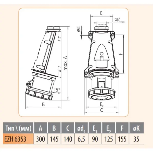 Настенный силовой разъем ETI 004482047 EZH-6353 IP67 (63A 400V 3P+N+PE) - фото №1