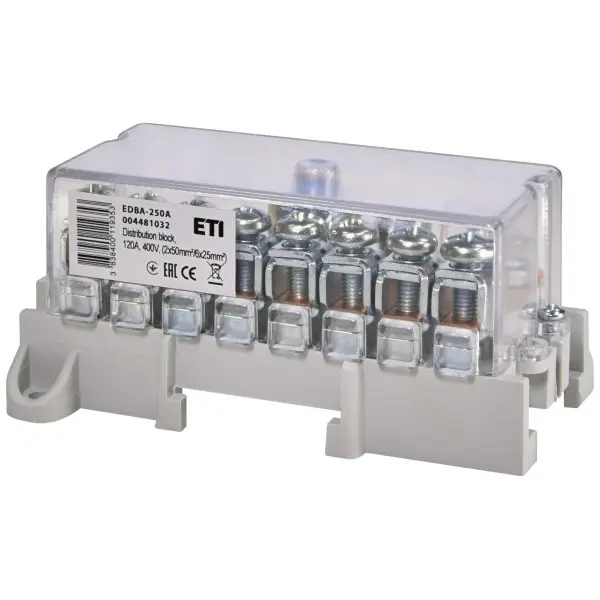 Розподільний клемний блок ETI EDBA-250A (400В 1х120мм²/1х50мм²+8х25мм²) Розподільний клемний блок ETI EDBA-250A (400В 1х120мм²/1х50мм²+8х25мм²)
