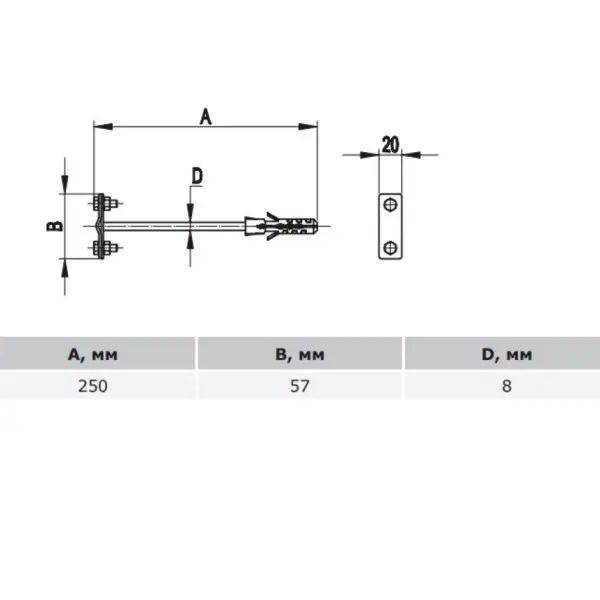 Фасадний тримач блискавковідводу DKC ND2304ZC для прута Ø8-10мм або смуги до 30мм 250х57мм із оцинкованої сталі - фото №1