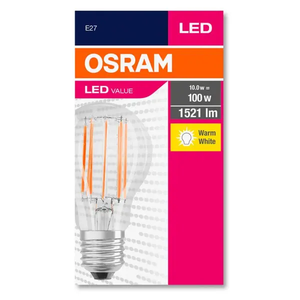 Світлодіодна лампа Osram Value CL A100 10W/827 230V FIL E27 10X1 (4058075438514) - фото №1 Світлодіодна лампа Osram Value CL A100 10W/827 230V FIL E27 10X1 (4058075438514) - фото №1