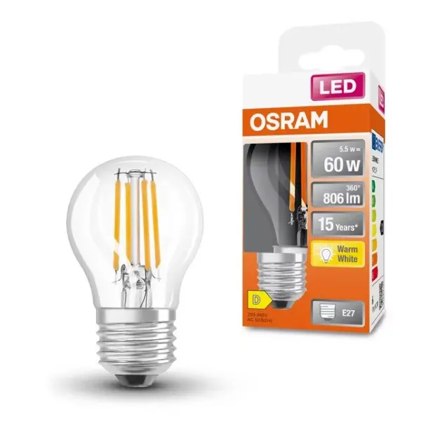 Світлодіодна лампа Osram LED CL P60 5,5Вт/827 FIL E27 6х1 - фото №2 Світлодіодна лампа Osram LED CL P60 5,5Вт/827 FIL E27 6х1 - фото №2