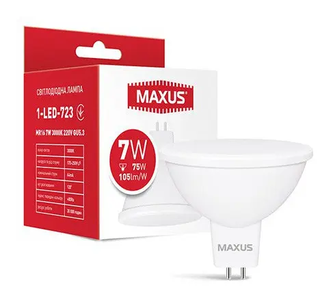 Светодиодная лампа Maxus MR16 GU5.3 7Вт 3000K 220В (1-LED-723) - фото №1 Светодиодная лампа Maxus MR16 GU5.3 7Вт 3000K 220В (1-LED-723) - фото №1