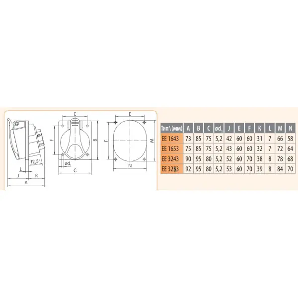 Встраиваемый силовой разъем ETI 004482081 EE-3253 IP54 (32A 400V 3P+N+PE) - фото №1