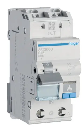 Автоматичний вимикач Hager ARC966D з дуговим захистом AFDD 6кА C 16A 1P+N
