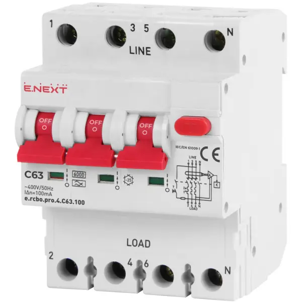 Выключатель дифференциального тока E.Next e.rcbo.pro.4.C63.100 3P+N 63А С тип А 100мА (p0720026) Выключатель дифференциального тока E.Next e.rcbo.pro.4.C63.100 3P+N 63А С тип А 100мА (p0720026)
