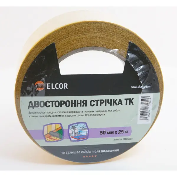 Двостороння стрічка Elcor 40206772 TEFB5025 на тканинній основі 50мм (25м) - фото №1 Двостороння стрічка Elcor 40206772 TEFB5025 на тканинній основі 50мм (25м) - фото №1