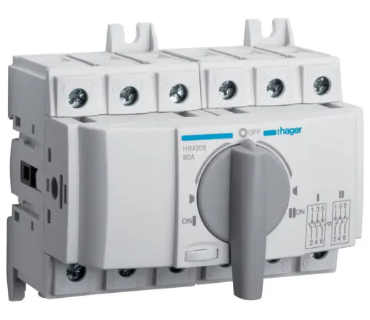 Перемикач Hager HIM308 I-0-II 80А 400/690В 3P 6м