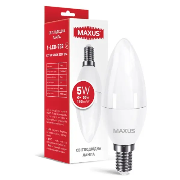 Світлодіодна лампа свічка Maxus C37 5Вт 4100K 220В E14 (1-LED-732) - фото №1