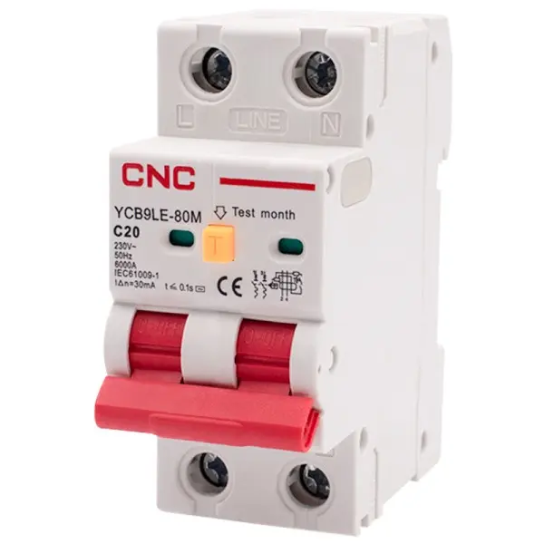 Дифференциальный выключатель CNC YCB9LE-80M C20А 1Р+N 6кА 30мА (Б00044014)