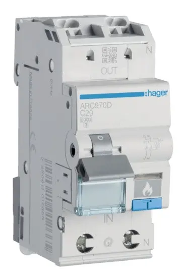 Автоматичний вимикач Hager ARC970D з дуговим захистом AFDD 6кА C 20A 1P+N