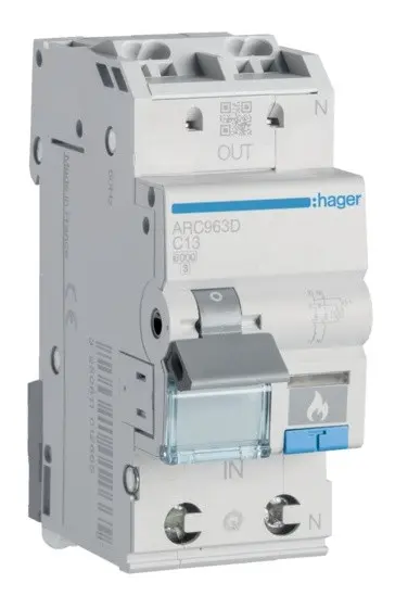 Автоматичний вимикач Hager ARC963D з дуговим захистом AFDD 6кА C 13A 1P+N