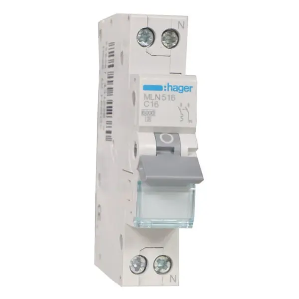 Автоматичний вимикач Hager MLN516 6кА C 16A 1P+N