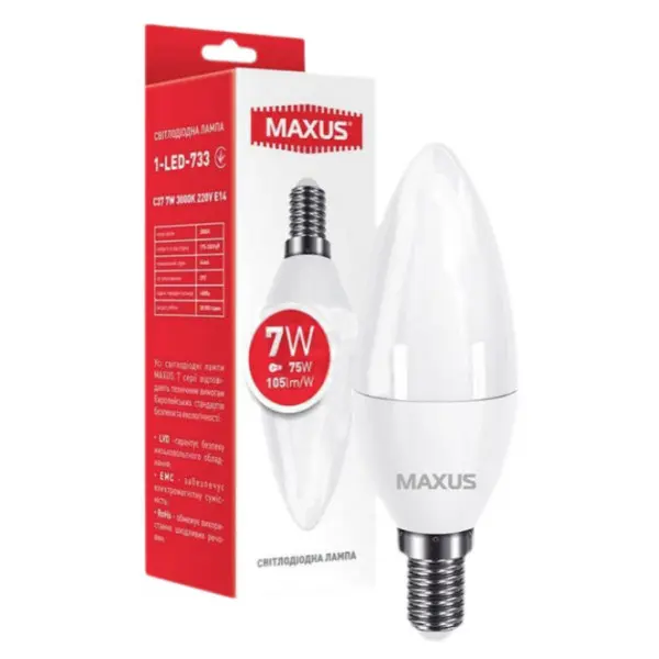 Светодиодная лампа свеча Maxus C37 7Вт 3000K 220В E14 (1-LED-733) - фото №1 Светодиодная лампа свеча Maxus C37 7Вт 3000K 220В E14 (1-LED-733) - фото №1