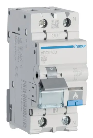 Автоматичний вимикач Hager ARC975D з дуговим захистом AFDD 6кА C 25A 1P+N