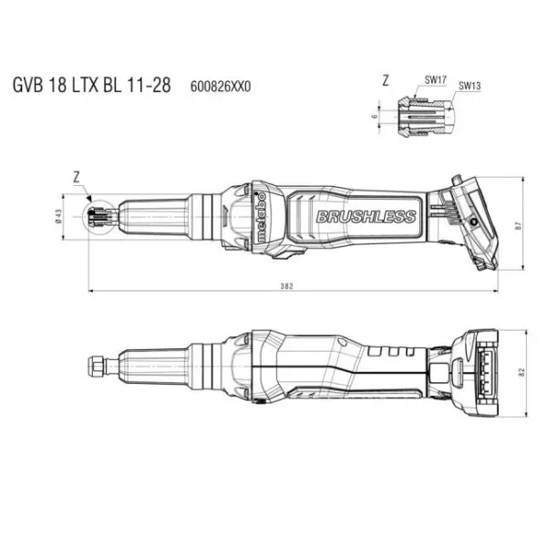 Аккумуляторная прямошлифмашина Metabo GVB 18 LTX BL 11-28 с регулировкой оборотов с быстрым тормозом и бесщеточным двигателем (600826850) - фото №1