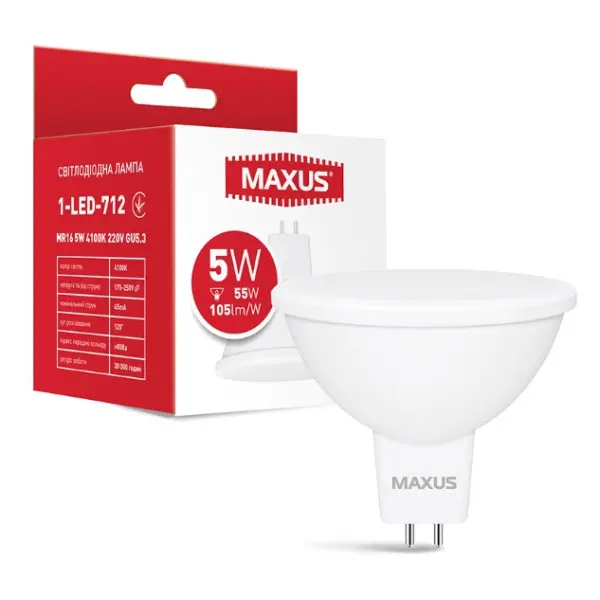 Світлодіодна лампа Maxus MR16 GU5.3 5Вт 4100K 220В (1-LED-712) - фото №1