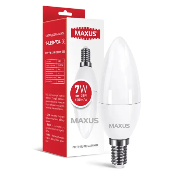 Светодиодная лампа свеча Maxus C37 7Вт 4100K 220В E14 (1-LED-734) - фото №1 Светодиодная лампа свеча Maxus C37 7Вт 4100K 220В E14 (1-LED-734) - фото №1