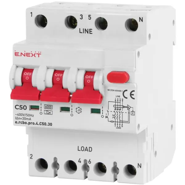 Выключатель дифференциального тока E.Next e.rcbo.pro.4.C50.30 3P+N 50А С тип А 30мА (p0720019) Выключатель дифференциального тока E.Next e.rcbo.pro.4.C50.30 3P+N 50А С тип А 30мА (p0720019)