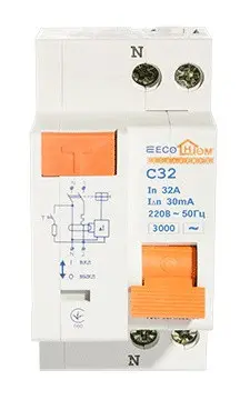Выключатель дифференциального тока ECOHOME ДВ 1Р+N 32A 30мА (ECO030010004) - фото №1