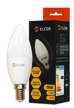 Світлодіодна лампа Elcor 534317 Е14 С37 9Вт 4200К - фото №1 Світлодіодна лампа Elcor 534317 Е14 С37 9Вт 4200К - фото №1